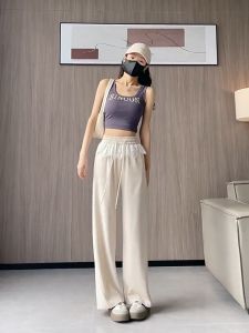 กางเกงลำลองสีเทาแต่งลูกไม้สำหรับผู้หญิง ทรงใหม่ฤดูใบไม้ผลิ 2025 กางเกงขายาวทรงตรงผูกข้อเท้า