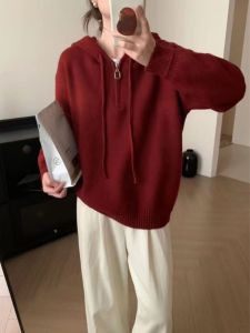 Thickened Half Zipper Hoodie Womens Winter Knitted Sweater Fashionable Autumn Winter New Style Warm Polyester Blend Long Sleeve