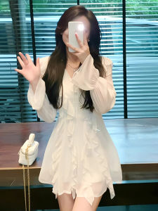 French Style V-neck Chiffon Floral Dress Womens Spring Clothes Stylish Ruffles Small Man Slim Looking Tea Break Short Skirt