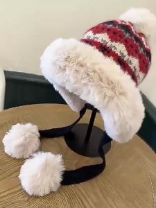 Hearing Protection Women Fair Isle Style Winter Knit Hat Thick Fleece Lined Warm Protective Ear Flaps For Large Head