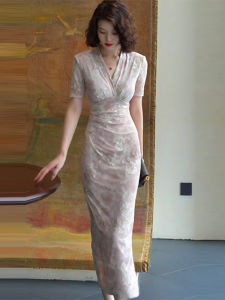 SHANGSHA | Elegant Luxury Designer Pink Cinched Waist Dress