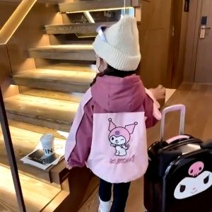 Áo Khoác Gió Lót Lông Cừu Bé Gái 2 Lớp Cao Cấp In Hình Kuromi Xinh Xắn Áo Khoác Gió Parka Lót Lông Mùa Đông Cho Bé Gái