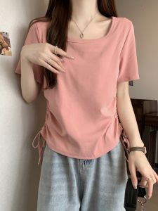 plus Size Womens T-Shirt Drawstring Shoulder Micro Fat Covering Slimming Square U-Neck Top Korean Style Summer Design