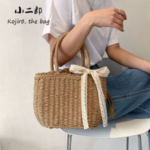 Straw Bag Seaside Holiday Pull-Belt Shopping Basket Bag Casual Bows Large Capacity French Minority Rattan Handbags