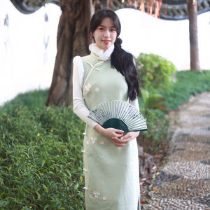 Đầm Dài Phong Cách Trung Hoa Thêu Xanh Lông Cừu Dày Ôm Vừa Vặn Hở Vai Thường Ngày Sang Trọng Đi Chơi Mùa Đông