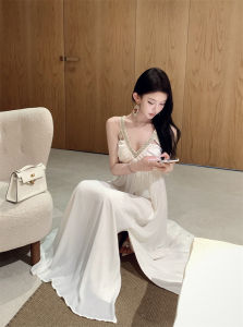 Elegant Heavy-Worked Neck Hanging Strap Dress Womens High-End Sensation Evening Gown Beach Vacation Long Dress