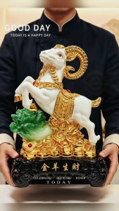 2027 Year of the Goat Feng Shui Figurine White‑Gold Goat with Jade Cabbage Wealth Statue 3 Sizes 17cm /28cm /41cm Lucky Ornament for Cashier Office Home Auspicious New Year & Business Opening Gift with Gift Box