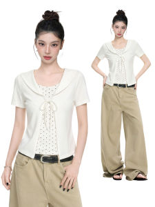White Dots Peter Pan Collar Faux Two-Piece Short Sleeve T-Shirt