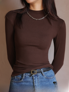 MiiOW | Áo len dệt kim dài tay cổ đứng màu nâu cho nữ mùa thu đông thường ngày dáng ôm vừa vặn chất liệu polyester và nylon