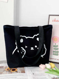 Large Capacity Canvas Bag Womens Handbag Black Shoulder Bag School Bag Commuting Bag for Junior High School Students