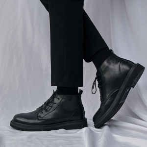 Twenty Five Mens Leather Boots Spring Autumn High Top Martin Shoes with Reversible Fleece Lining Round Head Laces