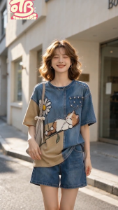 (Top only) Wide‑fit womens Full Sublimation T‑shirt with graphic print & classic wash dark blue street‑style tee (Not denim fabric)