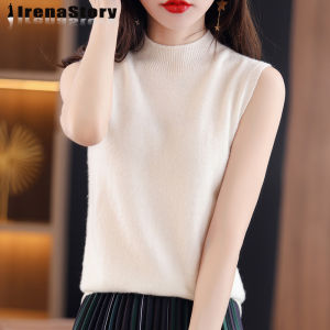 CARINE 2023 Knit Vest for Women Korean Casual Style Sleeveless T-shirt Plain Color High Neck Vest Tops for Lady