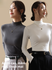 MiiOW | Áo sơ mi nữ cổ cao tay dài ấm áp mùa đông phong cách Hàn Quốc dáng ôm màu trơn chất liệu polyester dài thường