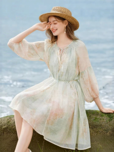 XIANGYING | Mint Green Blush Floral Summer New Arrival Vacation Style Waist Cinched A-line Dress