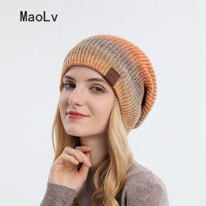 Colorful Plush Knitted Hat for Women Winter Gradient Color Warm Wool Cap Female Skull Beanies Outdoor Thickened Bonnet Tool