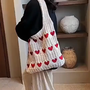 OKEY SHOP Hanging on coat rack with black coat Shoulder Bag Love Heart Pattern Large Capacity Tote Fashion Beach Bag Handbag