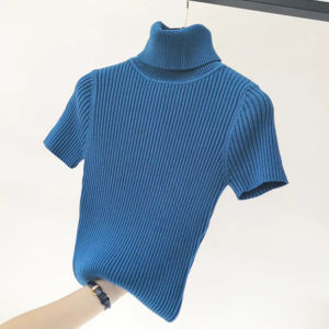 Womens Half Sleeve Knitted Sweater High Collar Short Sleeve Turn-down Collar Base Shirt Slimming Trendy Autumn Winter New Style