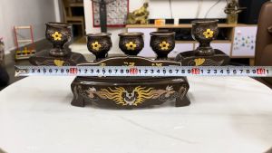 Bộ ngai chén 5 khảm tam khí (Đồng đỏ vàng bạc) thờ cúng ngang 37cm cao 15cm nặng 4kg/bộ