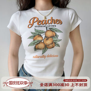 Go Girl Go Homemade Fashion Style Peach Print White Shoulder T-shirt Female Summer Silm High Waist Short Sleeve Tops