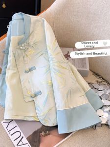 Elegant Chinese Style Hot Stamping Print Mandarin Collar Shirt