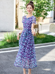 Summer Plaid Chiffon Dress Womens Luxury Elegant Long Skirt H-Line Thin Polyester Fiber Short Sleeve Midi Dress Belted Waist