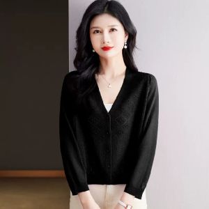 คาร์ดิแกนเสื้อคลุมฤดูร้อนสีสันบริสุทธิ์สําหรับผู้หญิง พอดี แขนยาว คอ V ไหมพรมน้ําแข็งบางส่วน เสื้อผ้าป้องกันแสงแดด