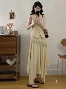 RELNLEX | Bộ Đồ Sang Trọng Thời Trang Cho Phụ Nữ Béo Blazer Vest và Chân Váy