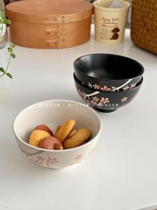 Retro Japanese Style Ceramic Bowl Ins Sakura Carved Dipping Sauce Bowl Rice Bowl Family Use round Shape Dinnerware Set