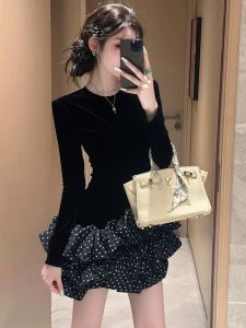 SHANGSHA | Small Size Elegant Black Velvet Sheath Dress