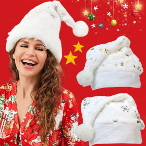 【♡Lovely girls house♡】White Soft Plush Christmas Hat Snowflake Star Gold Stamping Santa Claus Hats Xmas New Year Party Decoration