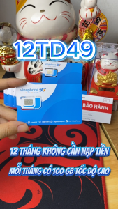 ( DEAL SIM VINAPHONE ) Sim 4G Vinaphone 12TD49 Không Giới hạn Data Xài 100G Tốc Độ cao Mỗi Tháng ( 1200GB/năm ) Trọn gói 1 Năm KHÔNG PHÁT SINH CƯỚC  KHÔNG NẠP TIỀN . FREESHIP - CHƯA KÍCH HOẠT.