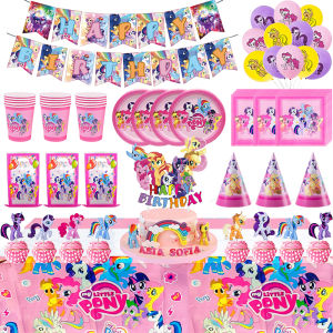 Hasbro | Cartoon Pony Theme Birthday Party Decor Disposable Tableware Pink Little Pony Cup Plate Baby Shower Kids Birthday Party Supplies