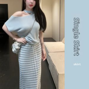 YUEZHONGWEI | French Style Irregular One-shoulder Off-the-shoulder Ice Silk Knit T-shirt