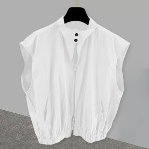 Parka Stand Collar Cardigan Outerwear Vest Mens Summer Korean Style Trendy Double Zipper Niche Design Sleeveless T-Shirt