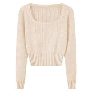 พรางหุ่น Square ปกเสื้อ French Vintage Short เสื้อสเวตเตอร์ถัก ผู้หญิง เสื้อตัวนอกสวมด้านใน ฤดูใบไม้ร่วง ฤดูหนาว สไตล์ใหม่ อุ่น สีอ่อนบริสุทธิ์