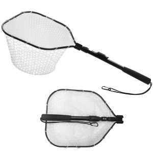 Rubber Mesh Fly Fishing Net Bass Trout Landing Net Folding Fishing Hand Nets for Fresh Water Safe Fish Catching or Releasing