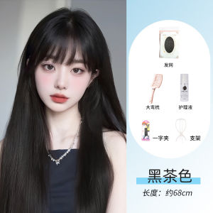 Womens Full Head Cover Wig Long Straight Natural Simulation Hair Real Human Hair Airy Bangs Cute Sweet Style Daily Use