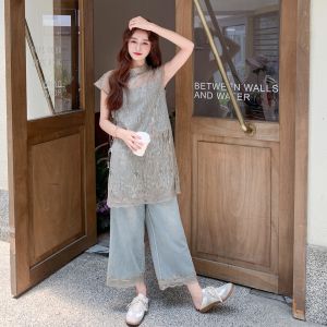 YINLUOYA | ชุดเสื้อเชิ้ตและกางเกงขายาวผ้าเดนิมลูกไม้สไตล์ฝรั่งเศสสไตล์เกาหลีสไตล์จีนใหม่สองชิ้น ชุดลำลองฤดูร้อนสำหรับผู้หญิง