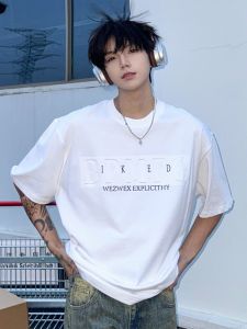 Shakeyu Heavyweight Letter Embossed Short Sleeve Mens T-shirt Loose Fit American High Street Summer Half Sleeve Couples Fashion Cotton Tee