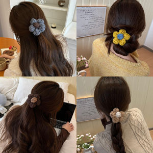 Sweet Knitted Flower Hair Ties Milk Coffee Yarn Half up Head Ropes Womens Hair Bands Autumn Winter Fashion Hair Accessories