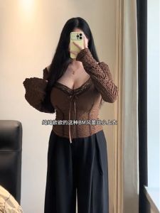 Slimming Lace Patchwork Fishbone Design Butterfly Knot Decorative T-Shirt Fashionable plus Size Womens Top Korean Style Long Sleeve V-Neck