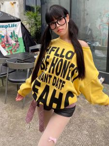 Áo Hoodie Phong Cách Đường Phố Mỹ Dành Cho Nữ Mùa Thu in Chữ Tay Lửng Dáng Rộng Màu Vàng Dopaamine Áo Khoác Ngoài Thường Ngày