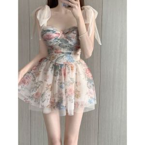 Conservative plus Size One Piece Swimsuit Womens Thermal Bathing Suit Pure Desire Style Floral Print No Sleeve Surfing Swimsuit