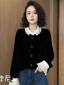 European Goods Long Sleeves Organza Stitching Velvet Shirt Womens Autumn New Arrival Fashion Elegant Doll Collar Fancy Tops