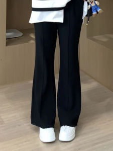 สูง เอว บาน กางเกงลำลอง สำหรับผู้หญิงที่มีพู่ ดีไซน์ เก้าจุด หลวม ยืดได้ สีดำ ฤดูใบไม้ร่วง พักผ่อน กางเกงขายาว