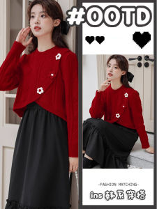 Christmas Red Knitted Sweater Womens Short round Neck Pullover Autumn Winter New Style Small Size Diamond Pattern Irregular Design