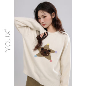 YOUXIANG | Áo Sweater cổ tròn thêu gấu hoạt hình rộng rãi thoải mái Mới 2026