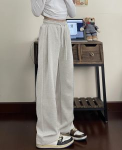 Slimming Black Cotton Fleece Lined High Waist Straight Leg Casual Sweatpants for Women Spring Autumn New Style American Sport Pants