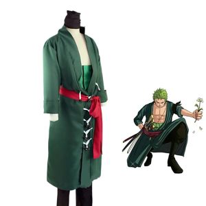 Anime Roronoa Zoro Cosplay Kostuum Uniform Groene Jas Riem Broek Hoofddoek Roronoa Zoro Pruik Oorbellen Halloween Mannen Kleding